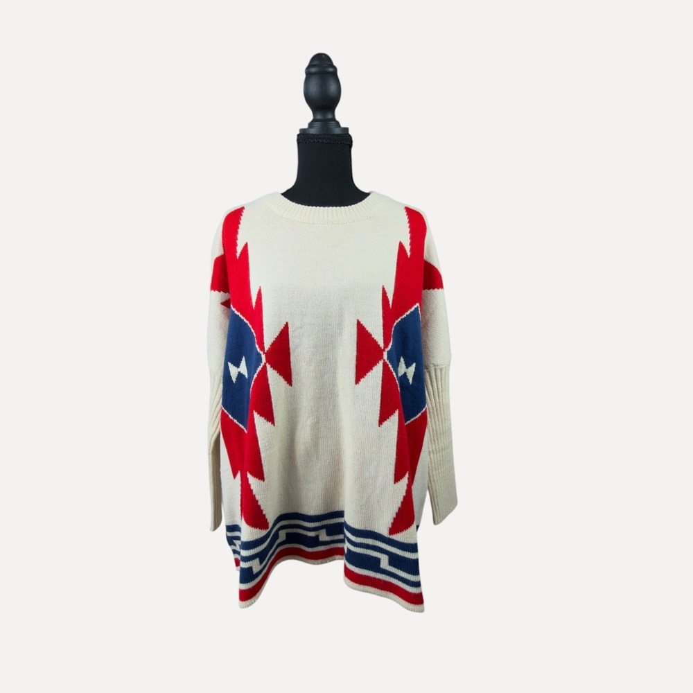 Verty Boho Oversized Sweater Southwestern Thunderbird Cream Red Blue One Size